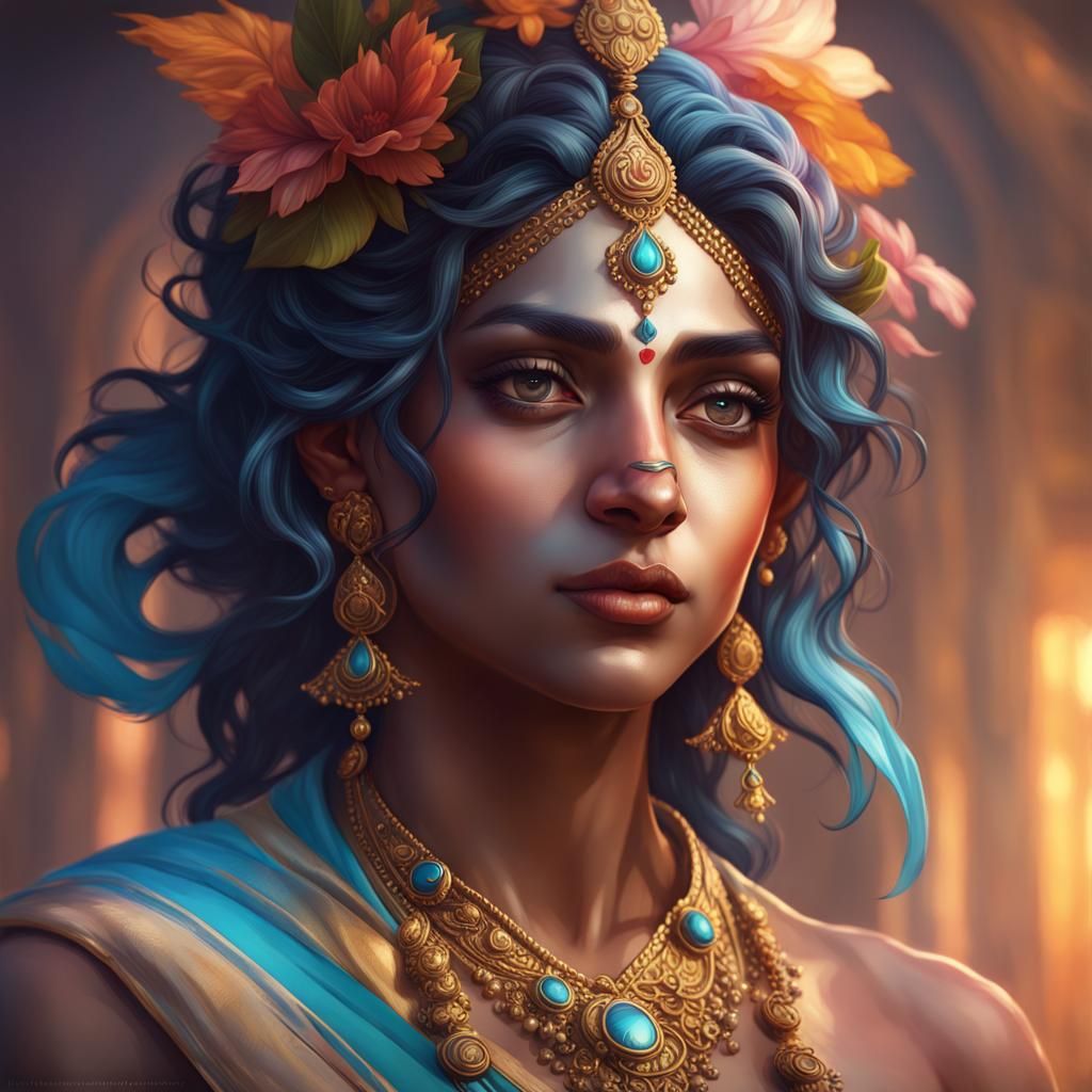 Krishna, a Hyper-Detailed Portrait in Vibrant Triadic Colors