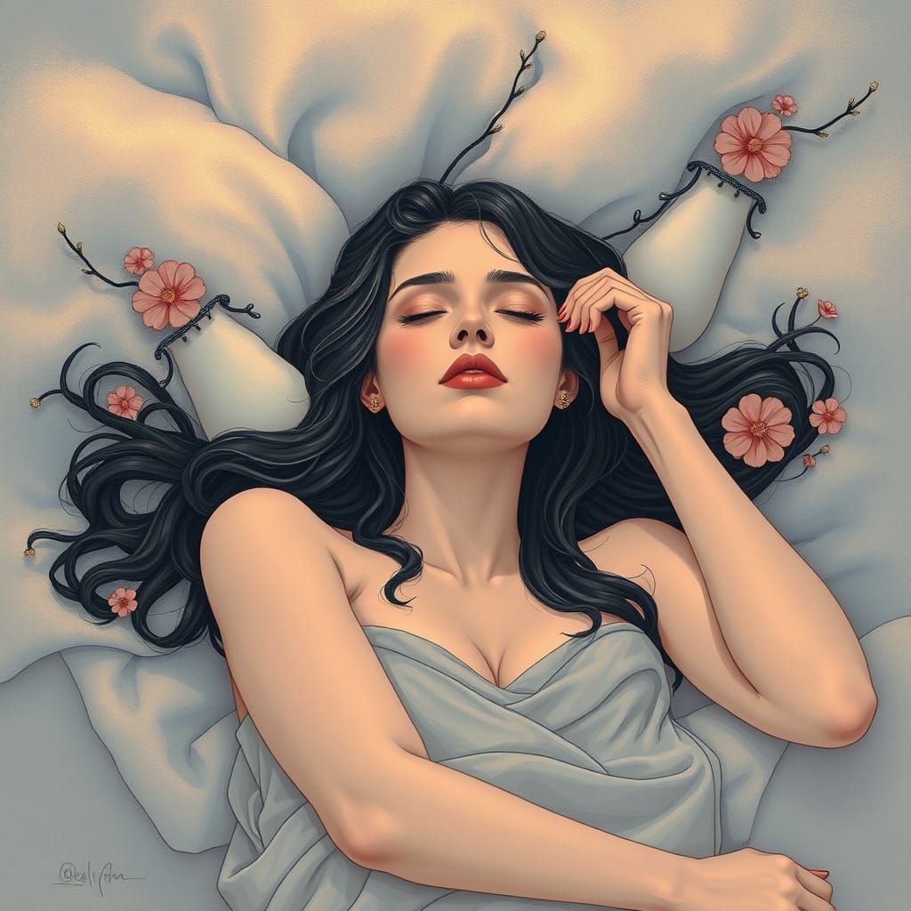 Illustrated Woman's Dreams of Rest, AI Art