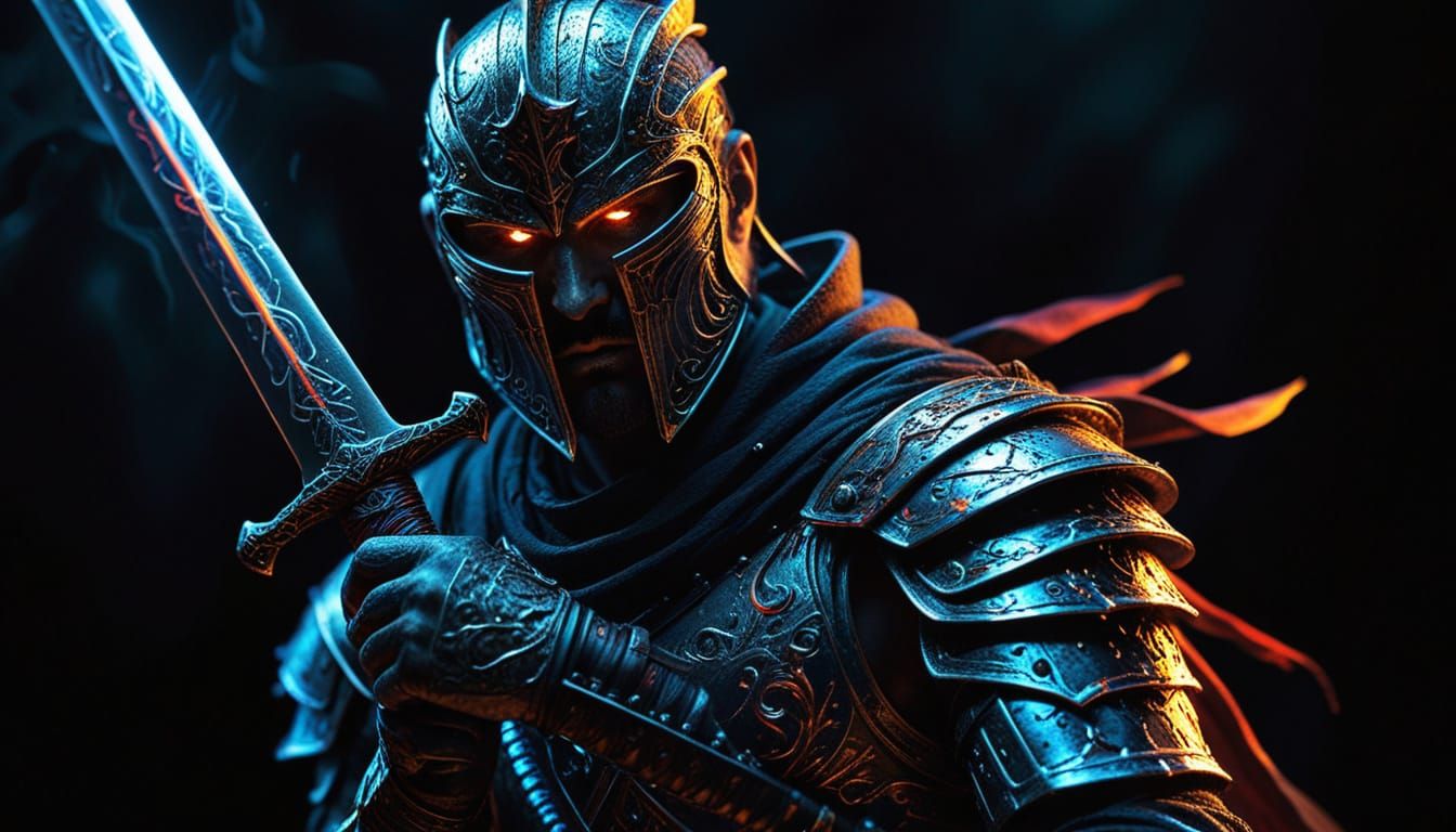 Warrior with Glowing Sword in Abstract Expressionism