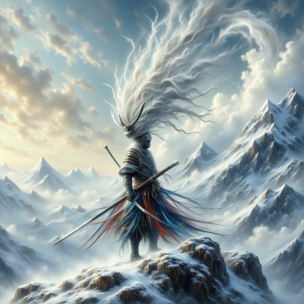Samurai Warrior on Snowy Peak in Japanese Art Style