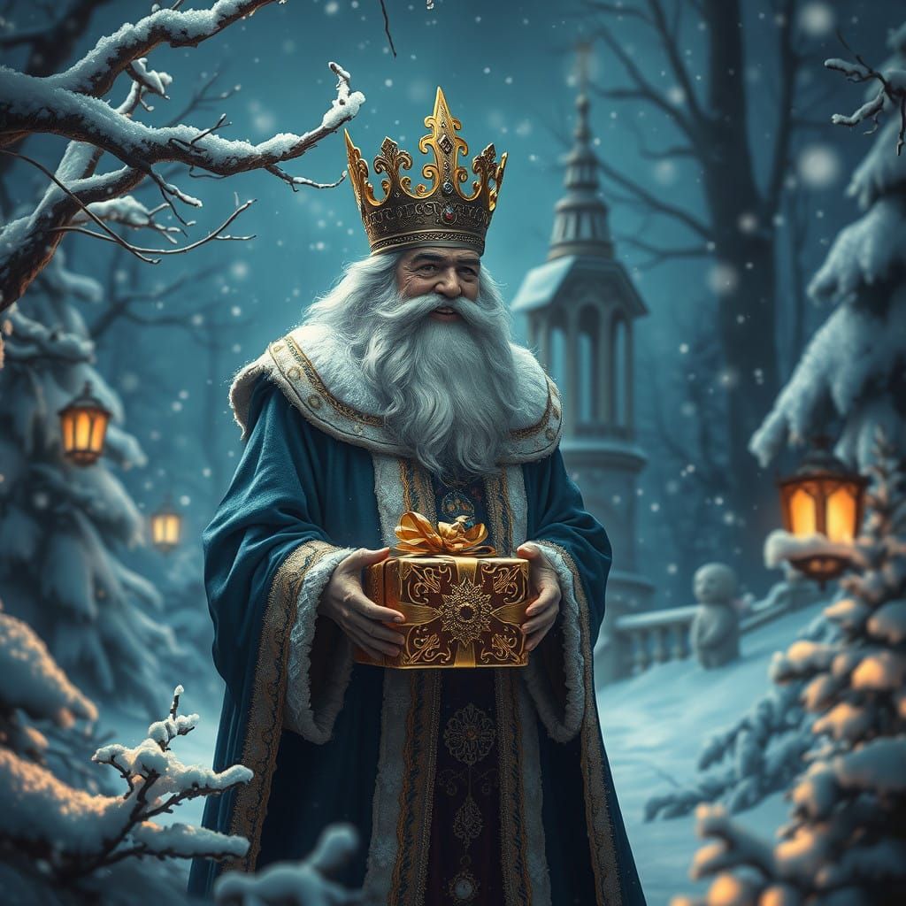 Regal Noel Baba Presents Ornate Gift in Whimsical Winter Won...