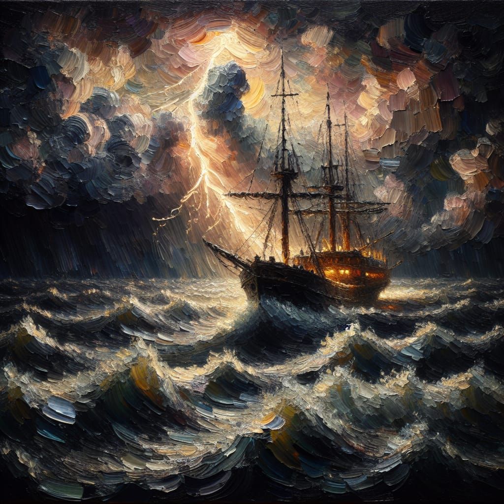 Stormy Seas: Impasto Oil Painting of Fishing Vessel
