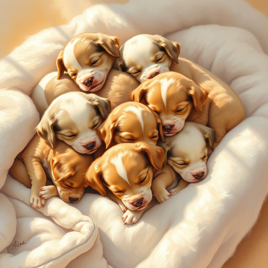 Cozy Whimsy: Puppies Sleeping in Warmth