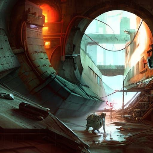 Cyberpunk Cat Explores Abandoned Sewer in Dystopian Slums