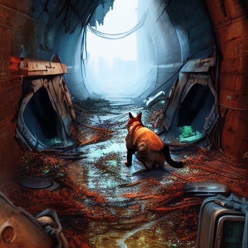 Cyberpunk Cat Explores Abandoned Sewer Tunnels in Steampunk...