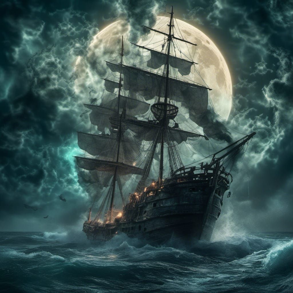 Ethereal Smoke Woman Over Abandoned Shipwreck in Lunar Light