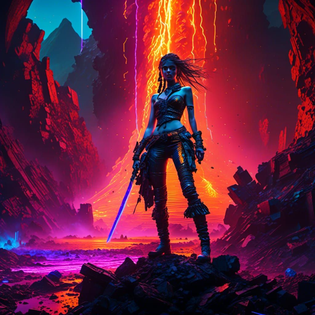 Epic Sci-Fi Battle in Neon Hues with a Female Pirate Hero