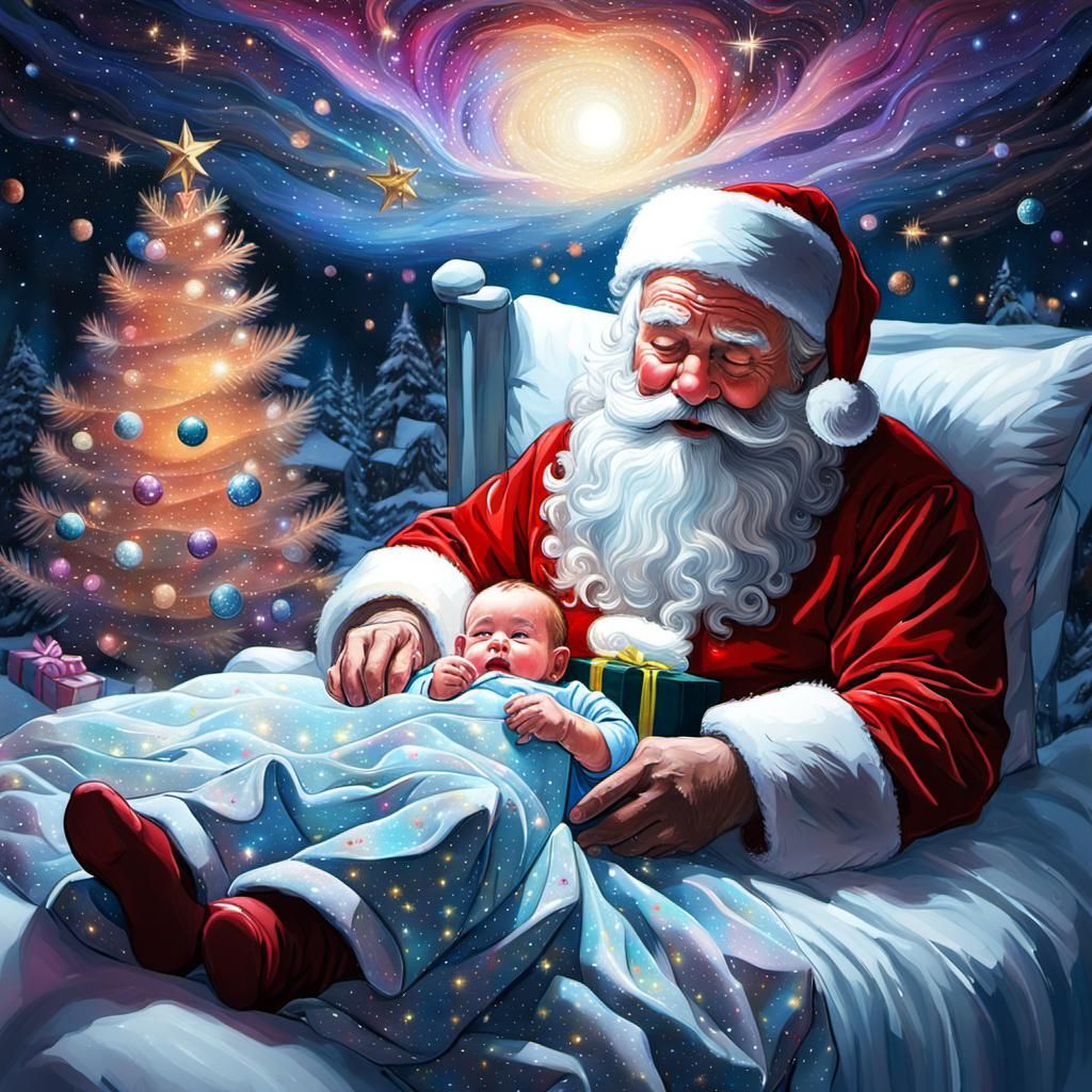 Santa Claus Visits a Sleeping Baby Girl in a Snowy Night Sce...