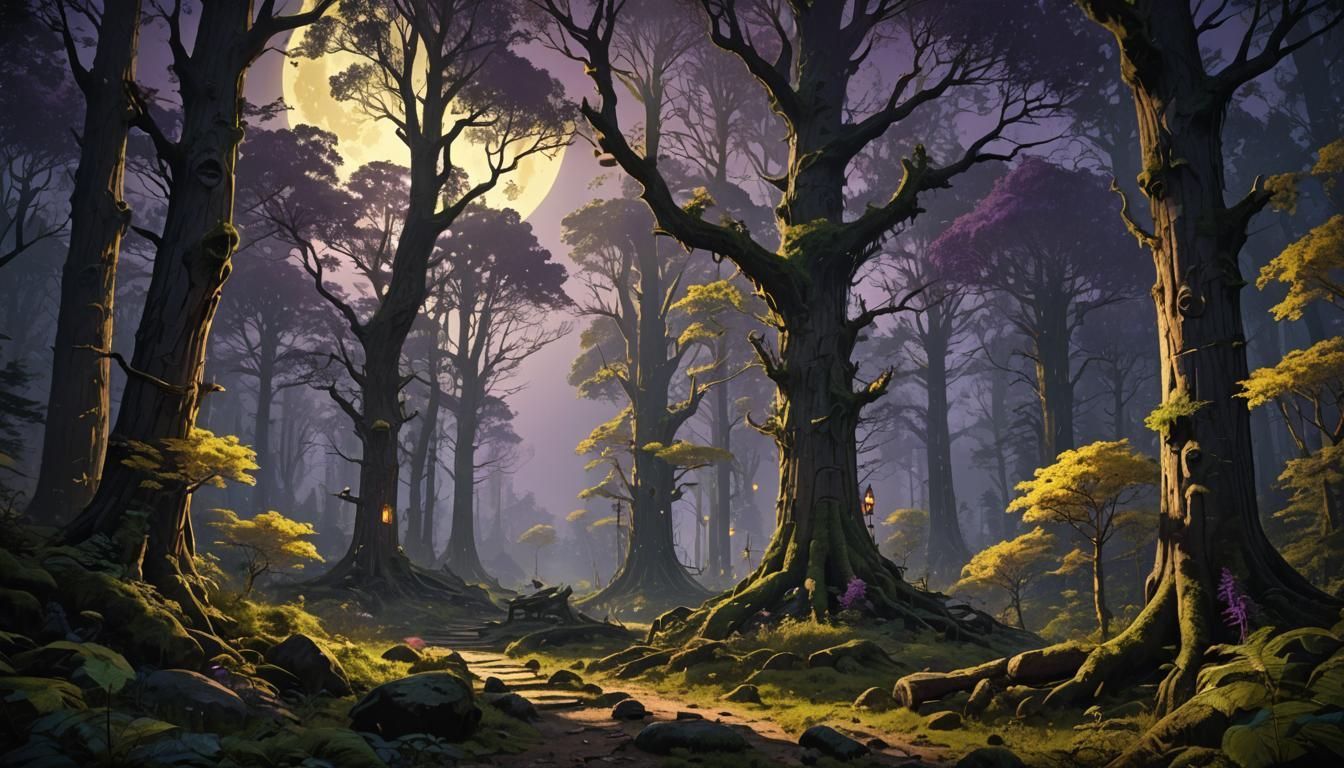 Surreal Moonlit Forest of Ancient Secrets Unfolds