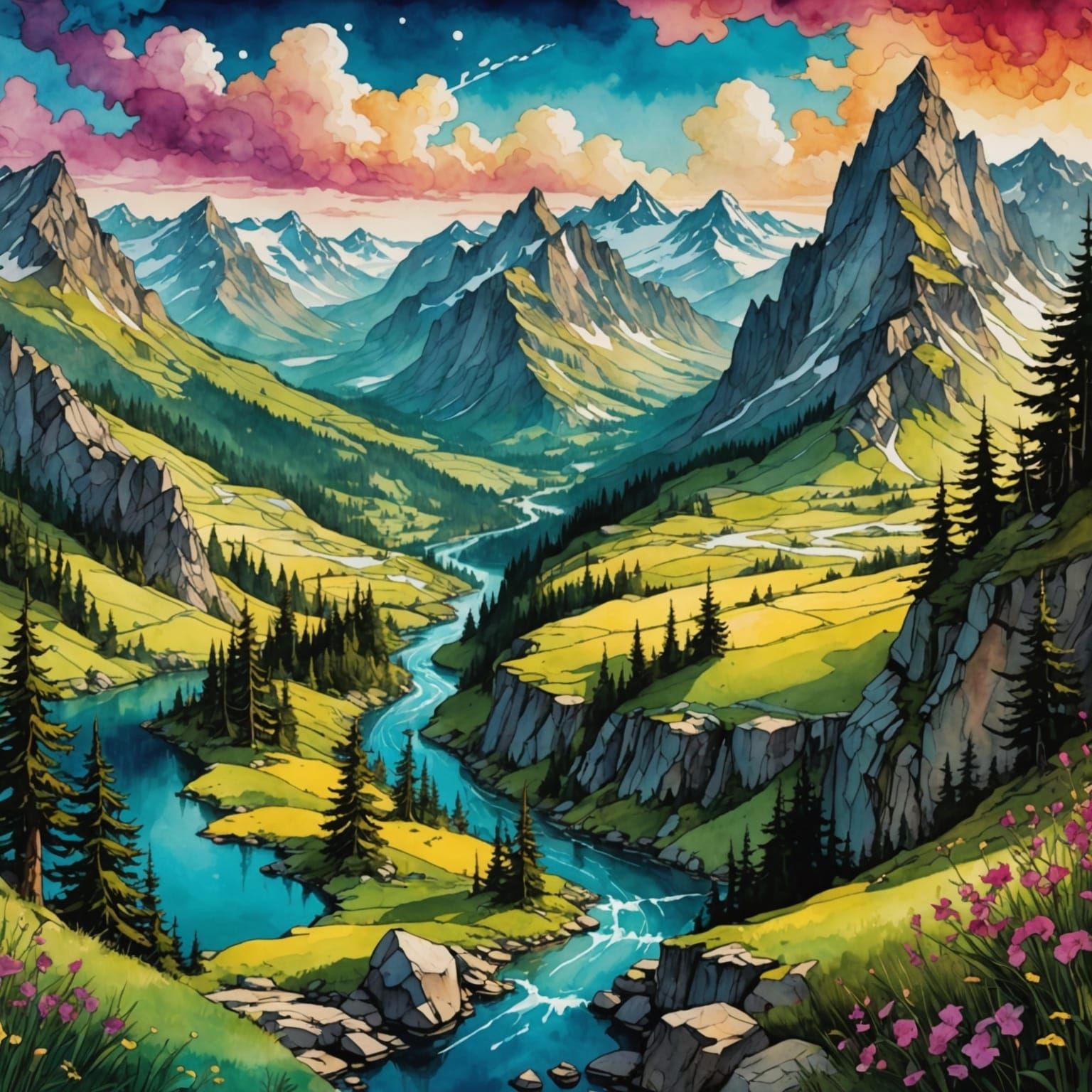 Vibrant Anime-Inspired Valley Scene in Alcohol Ink Style