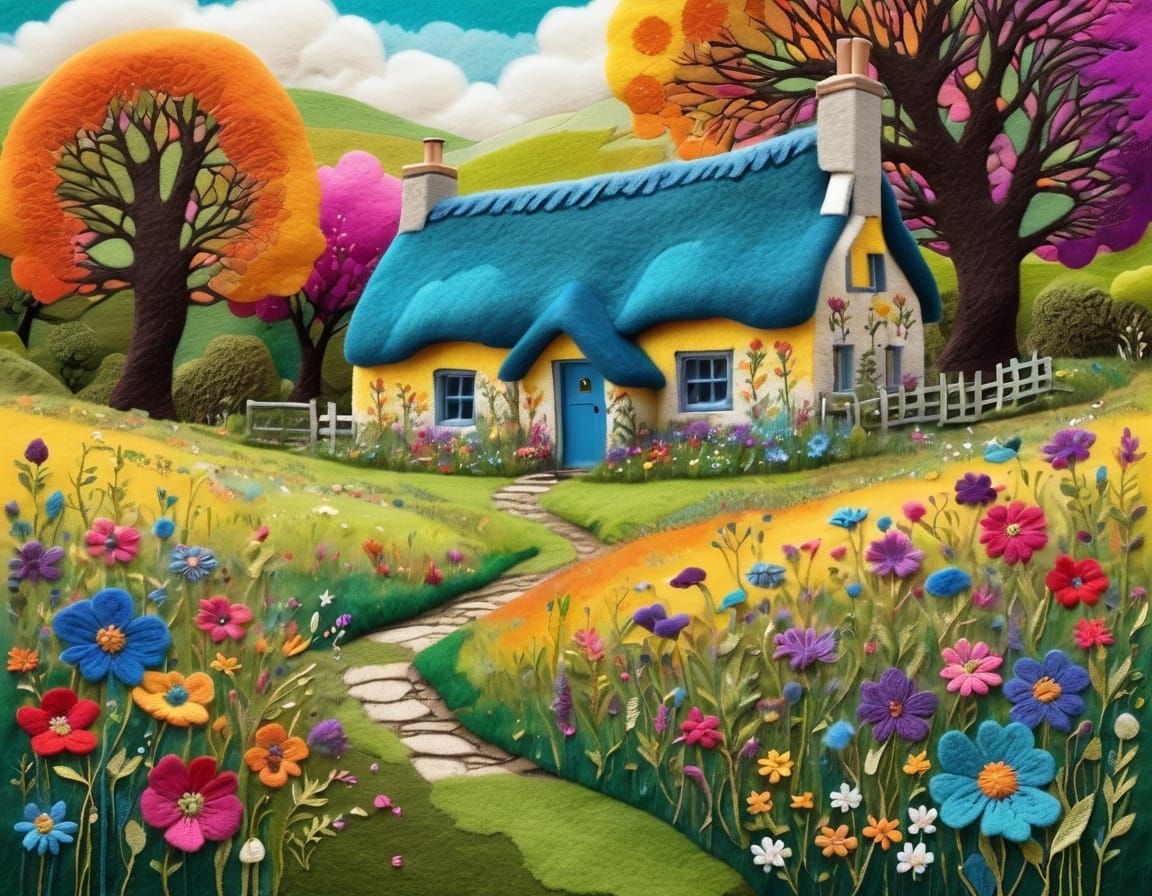 English Cottage in Felt Art Style Meadow