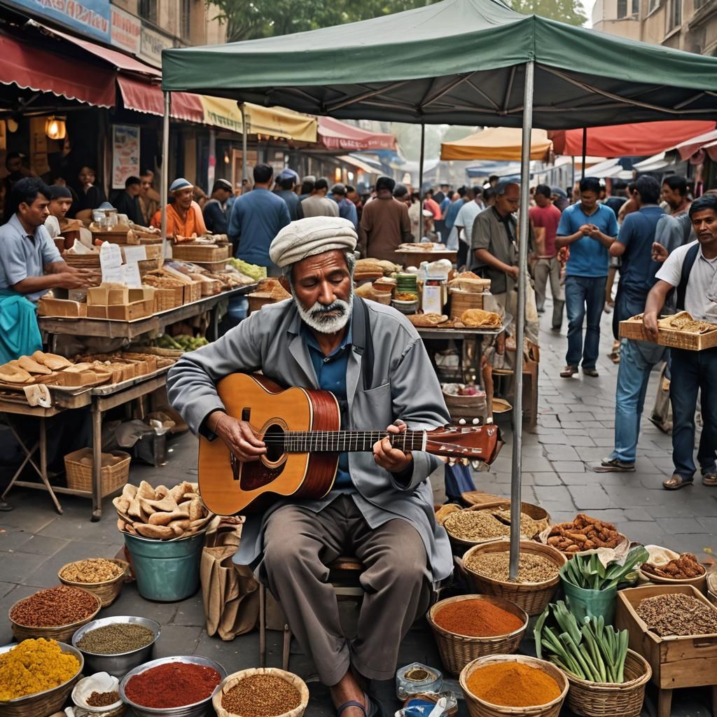 Vibrant Marketplace Scene with Street Performer
