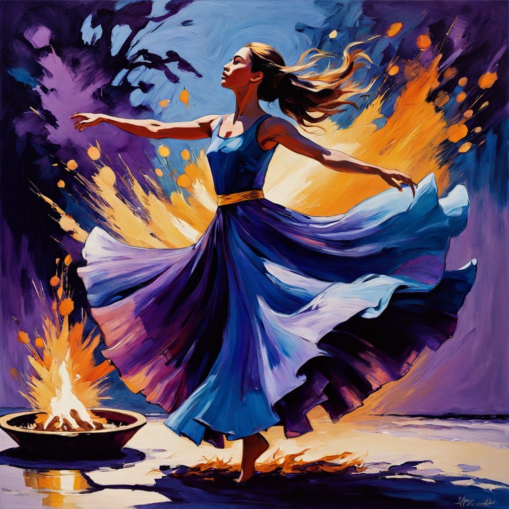 Dreamlike Dancer Leaps Behind Vibrant Flames