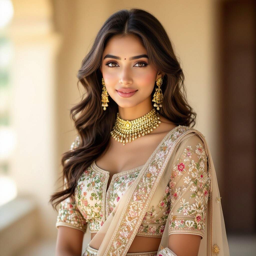 Indian Woman in Embroidered Lehenga, Golden Hour Portrait