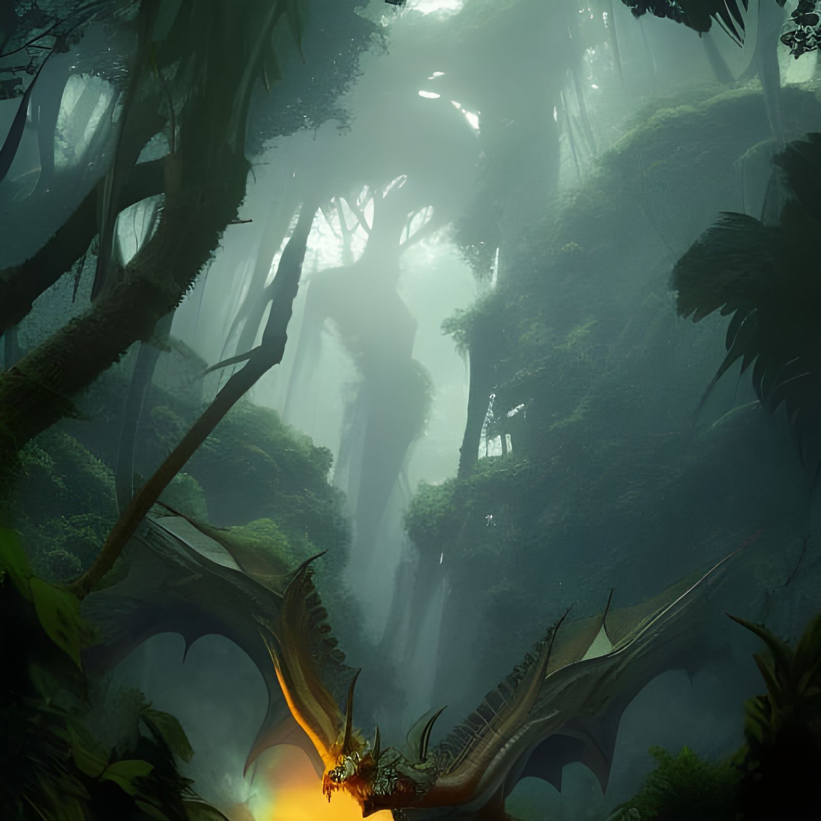 Mysterious Jungle Dragon in a Dark Fantasy Realm