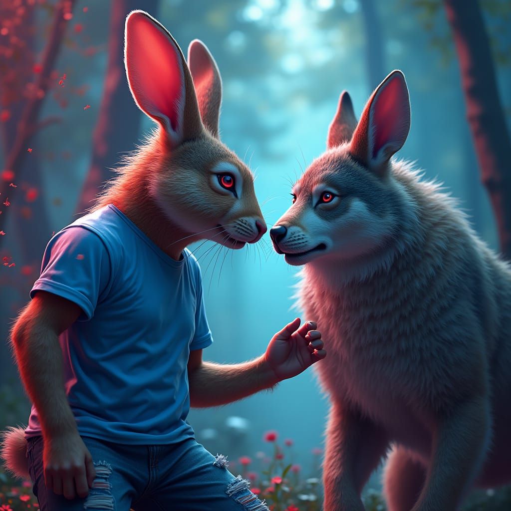 Rabbit and Wolf Arguing in Neon Forest