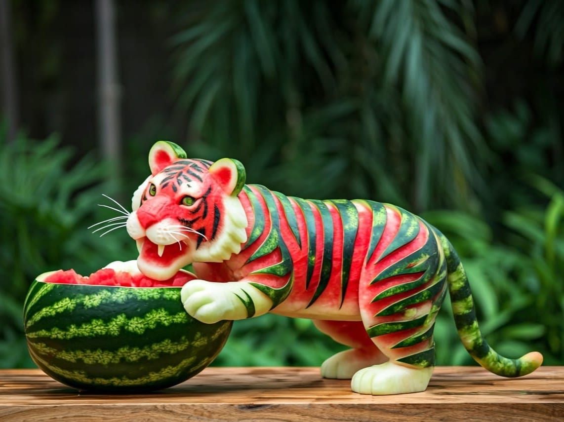 Vibrant Watermelon Tiger Food Sculpture in Photorealistic St...
