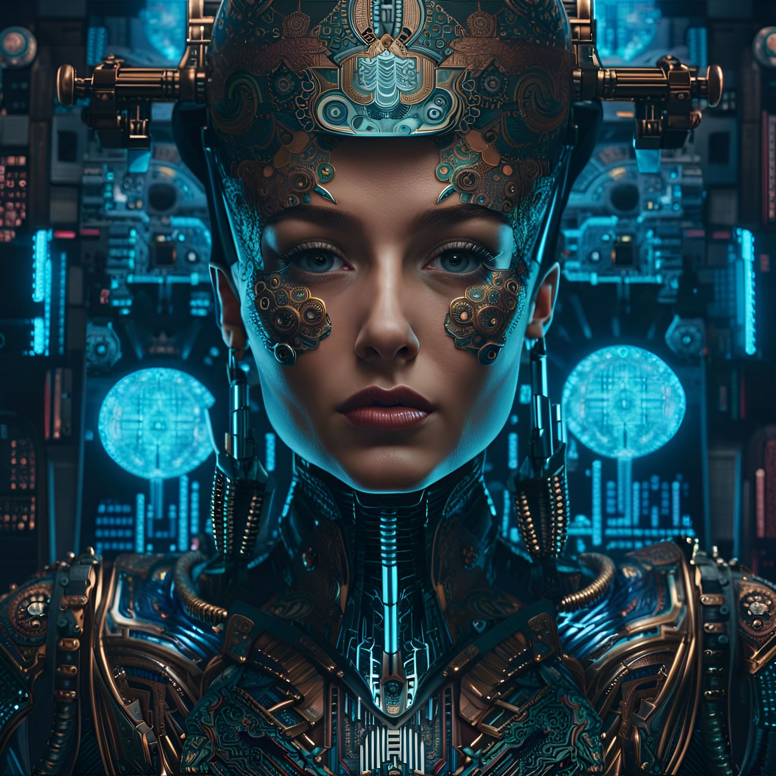 Surreal Cyberpunk Portrait with Intricate Biomechanical Deta...