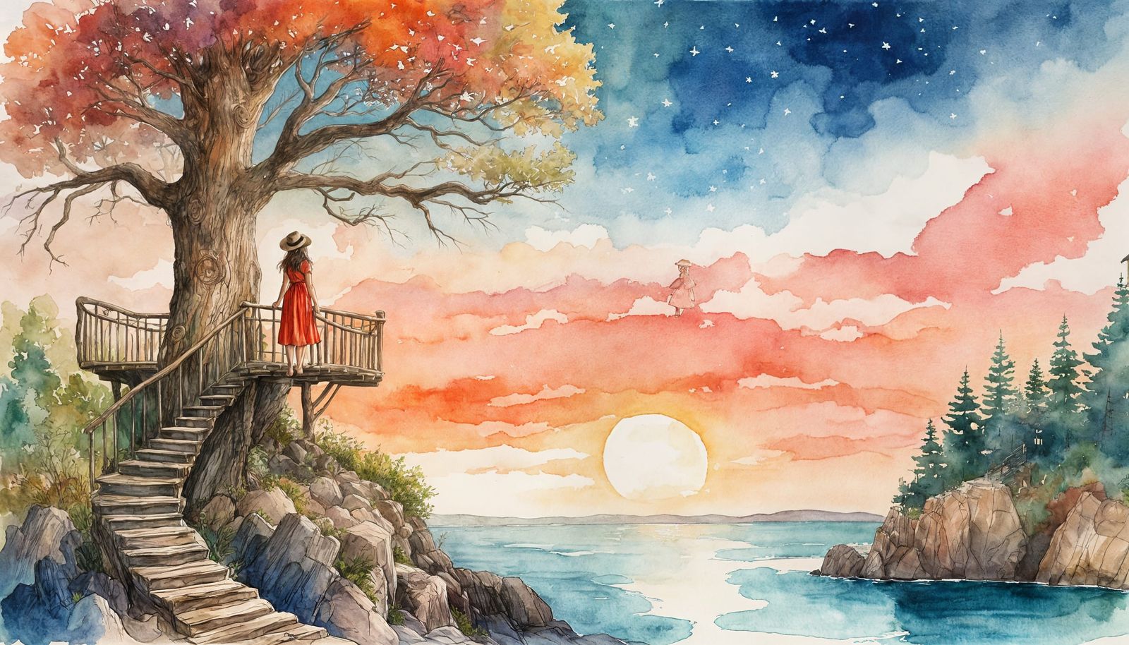 Serene Sunset Scene with Ancient Treehouse and Coastal Wonde...