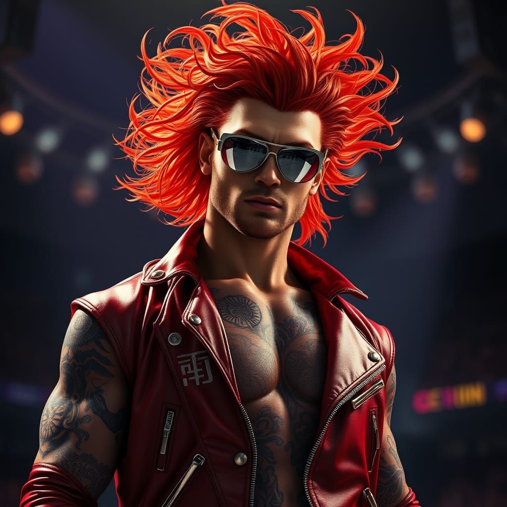 Heroic Wrestler in Dark Arena with Fiery Red Hair and Tattoo...