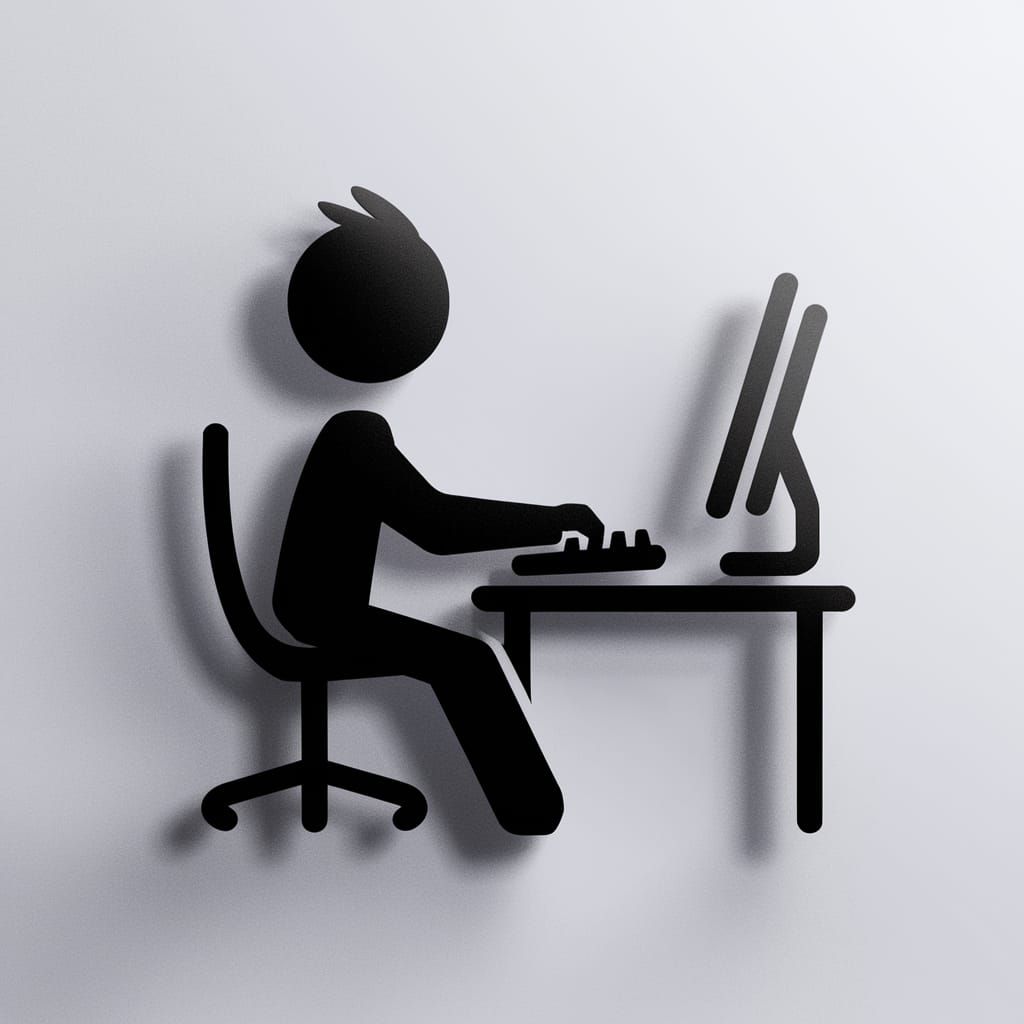 Sleek Black Stick Figure Typist on White Background