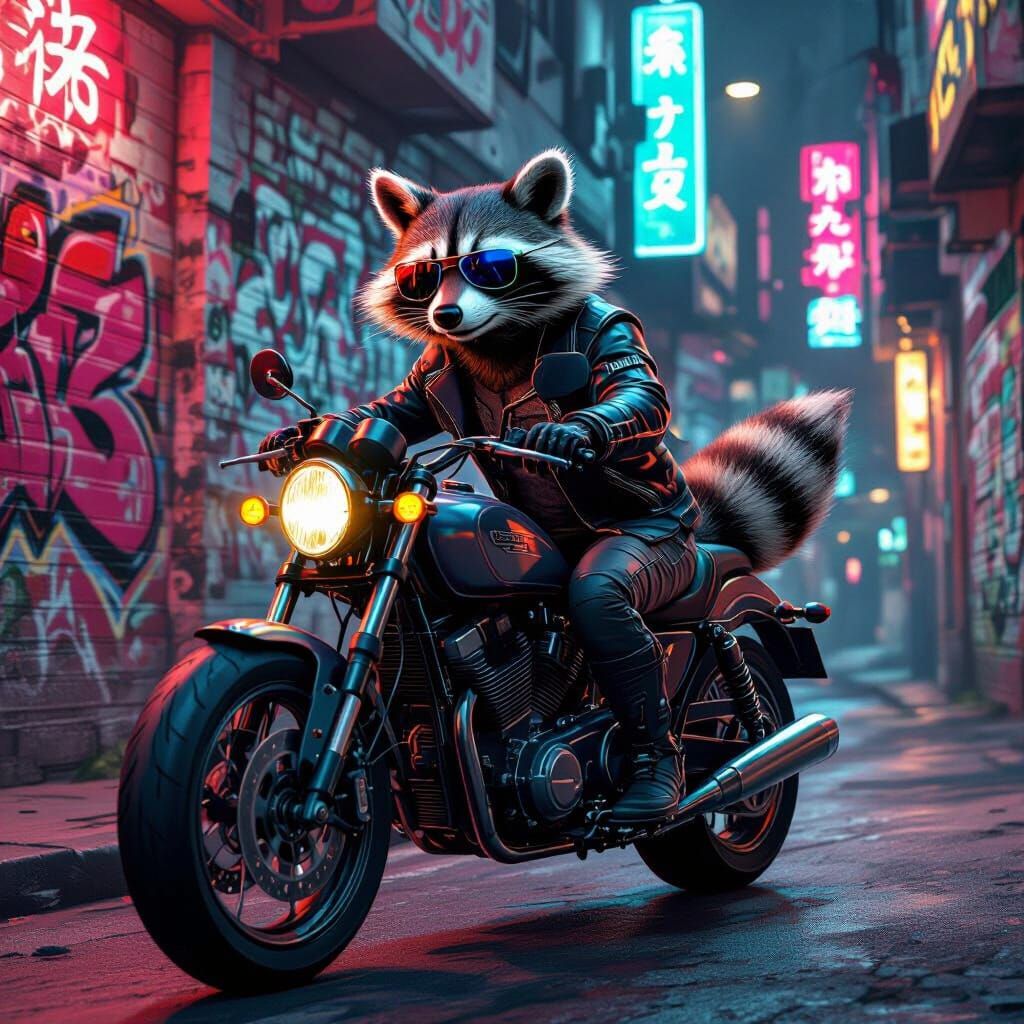 Raccoon Rides Motorcycle in Cyberpunk Alleyway