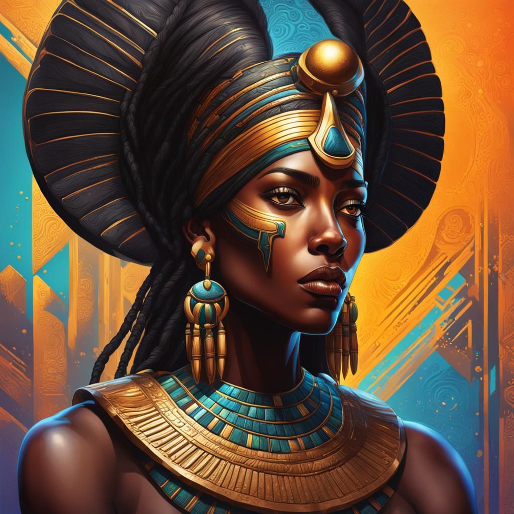 Majestic Black Egyptian Goddess in Vibrant Hyperrealism