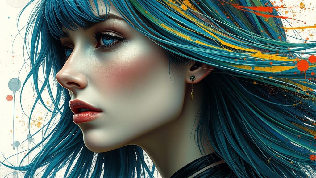 Cyberpunk Woman Portrait with Flowing Hair