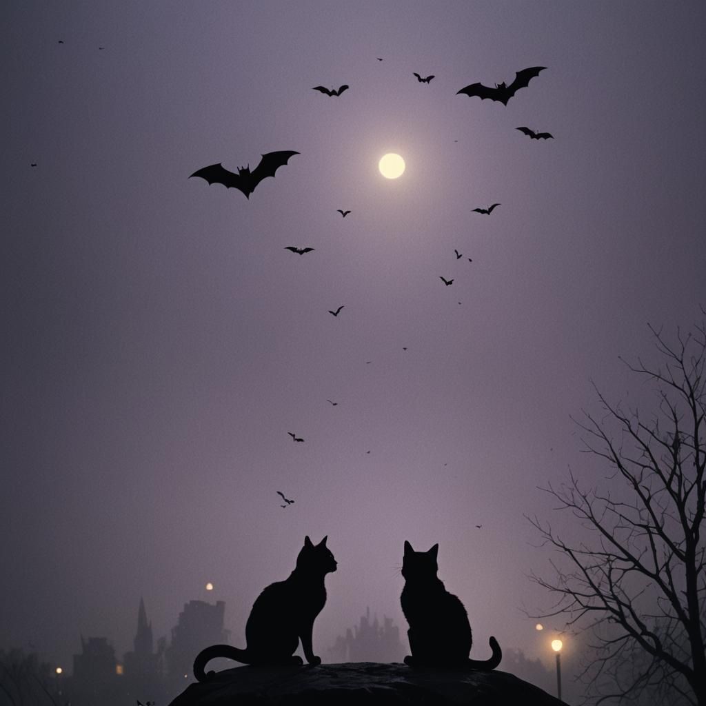 Mysterious Film Noir Scene: Cat and Bats in Dark Despair