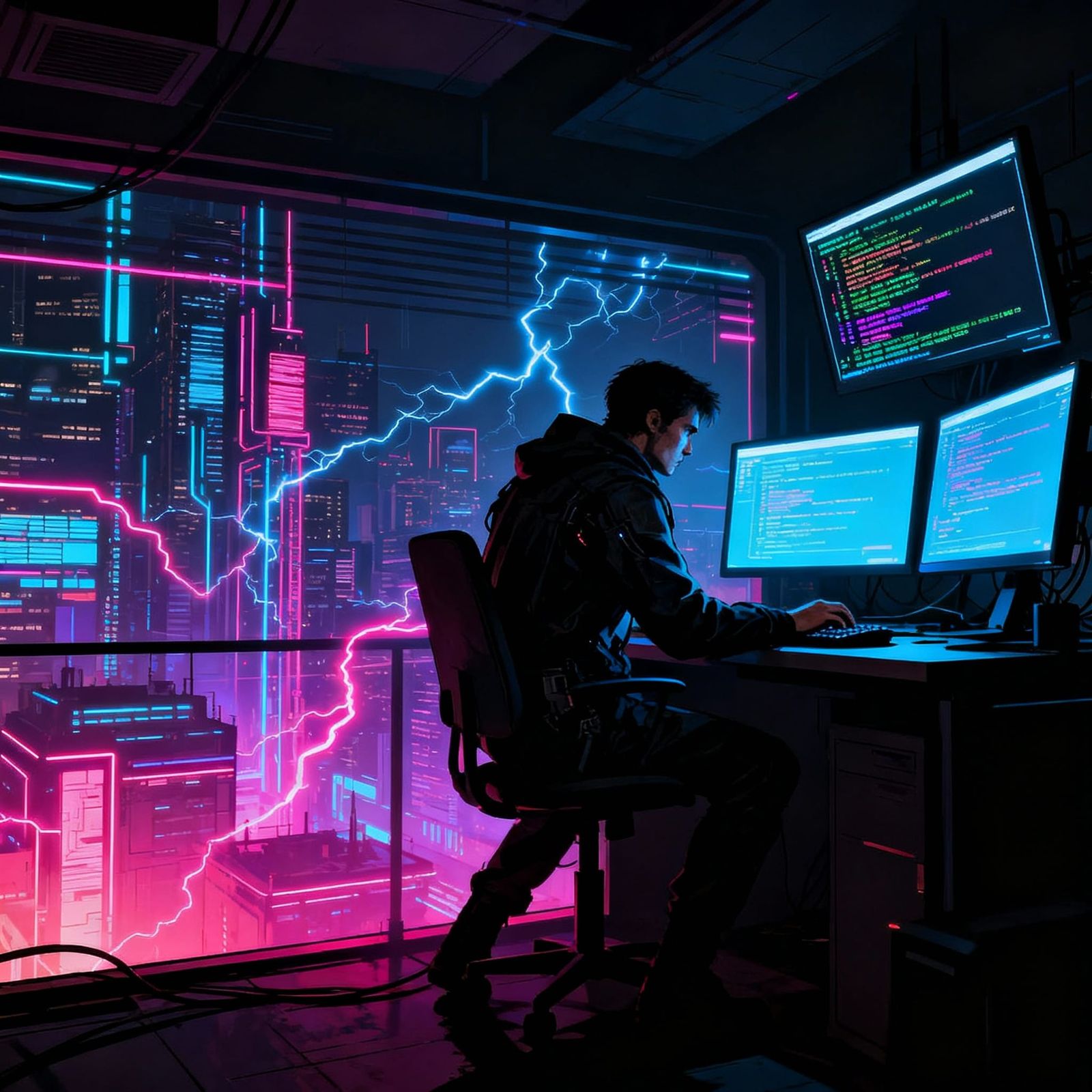 Stoic Hacker Breaches Network in Cyberpunk Cityscape