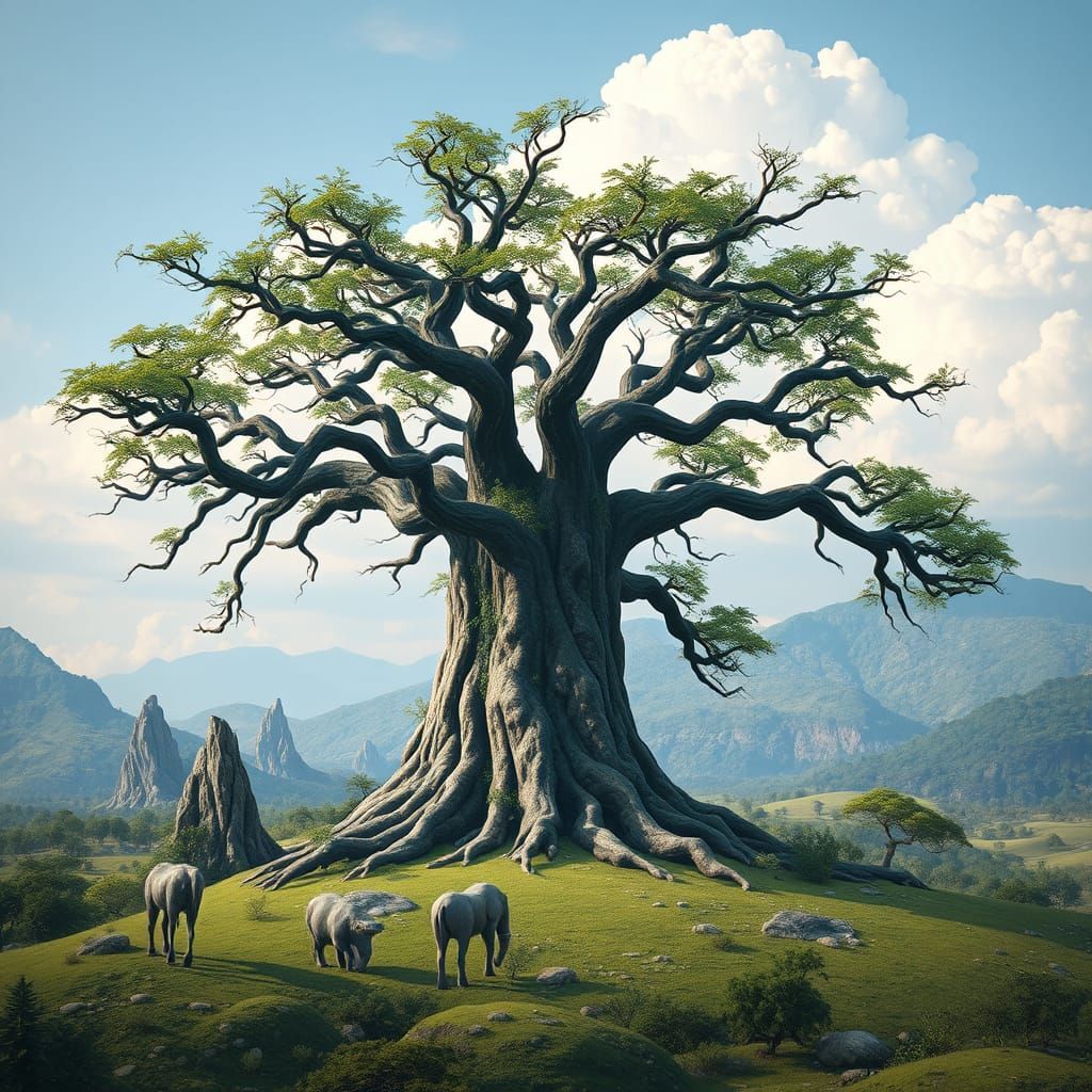 Megalithic Mana Tree in a Serene Ancient Landscape