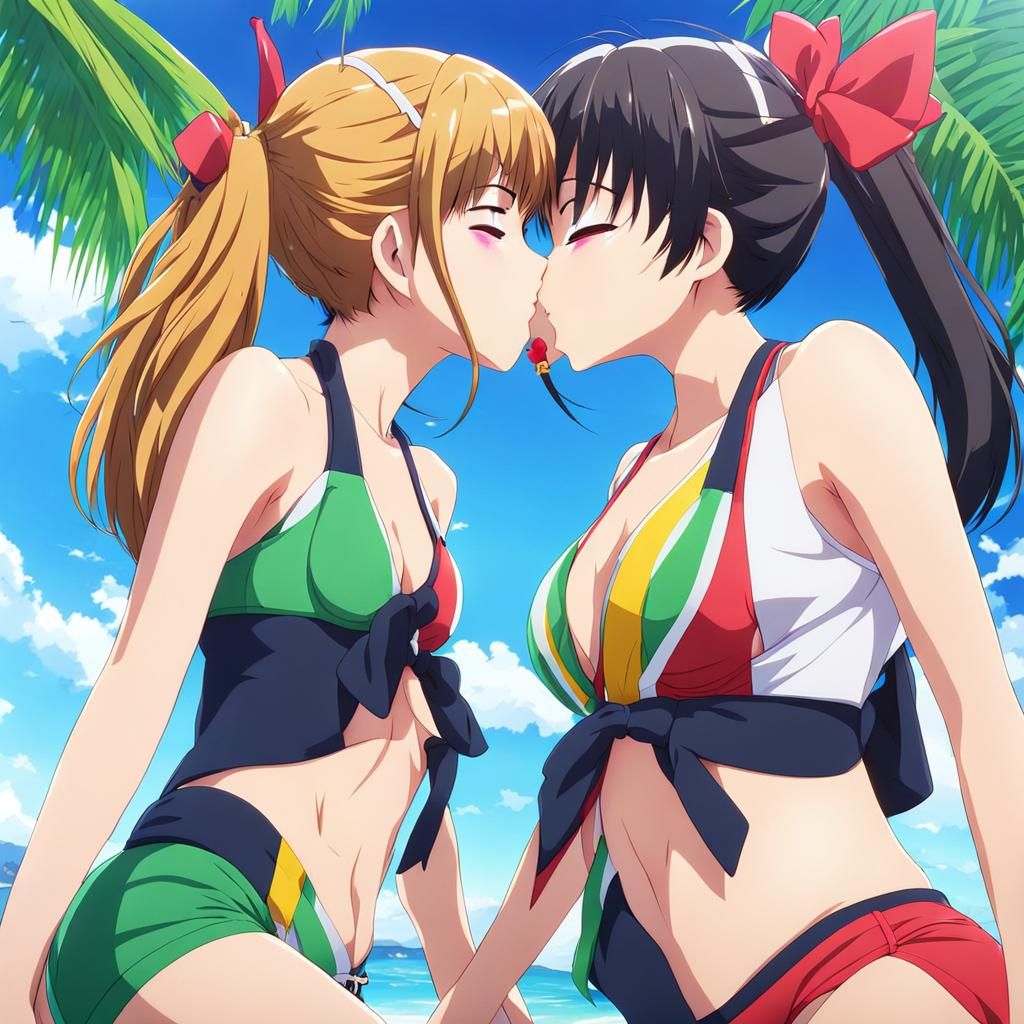 Anime Girls Sharing a Tender Kiss on a Tropical Beach