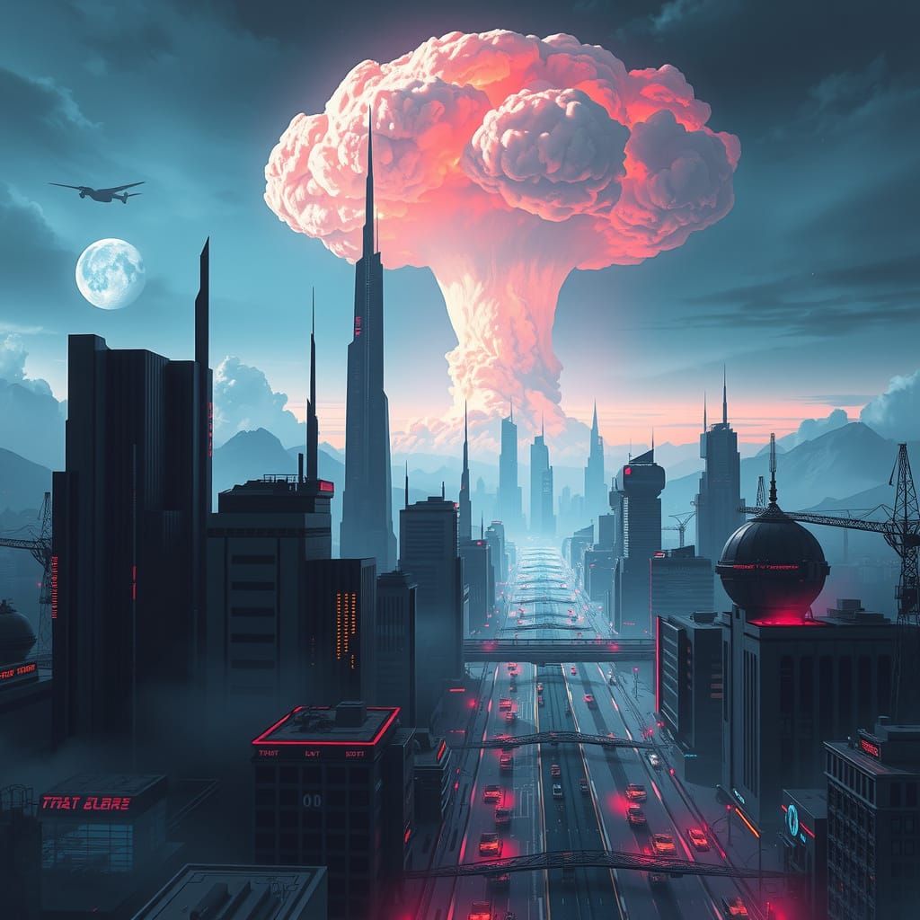 Futuristic Cityscape with Mushroom Cloud, in Cyberpunk Style