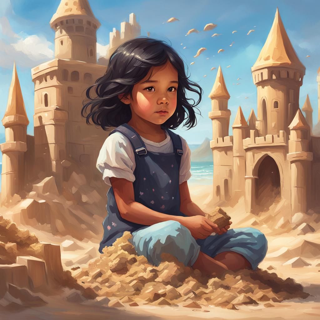 Whimsical Beachside Portrait of a Young Girl Building a Sand...