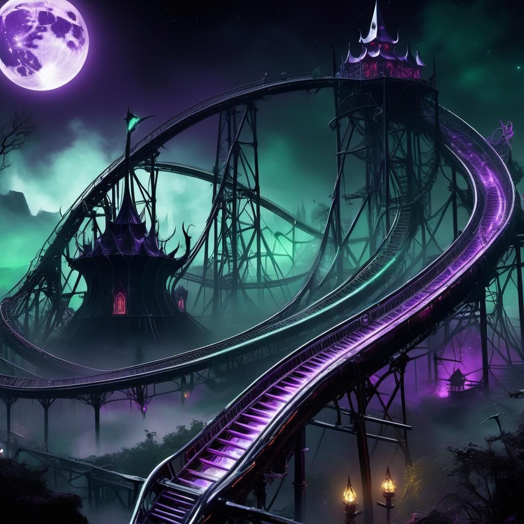 Surreal Spooky Theme Park at Night, Witches' Curse Rollercoa...