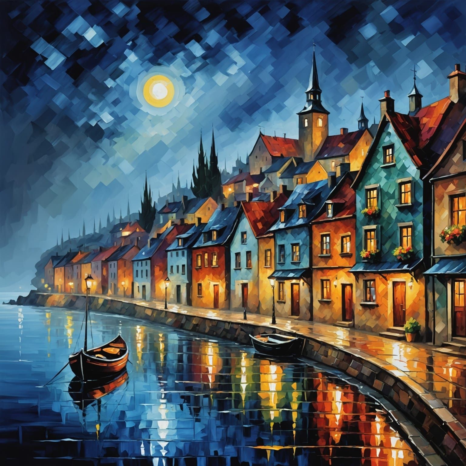 Rainy Coastal Town at Night, Impressionist Style