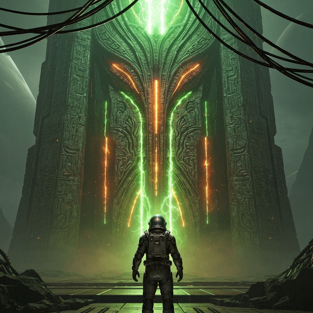 Astronaut Gazing at Alien Structure in Gritty Style