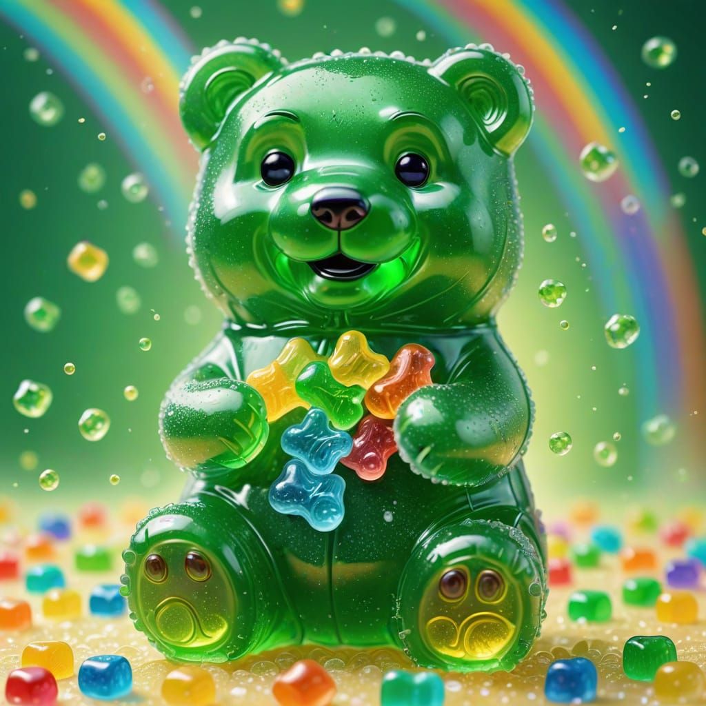 Vibrant Digital Art: Green Gummy Bear on Rainbow