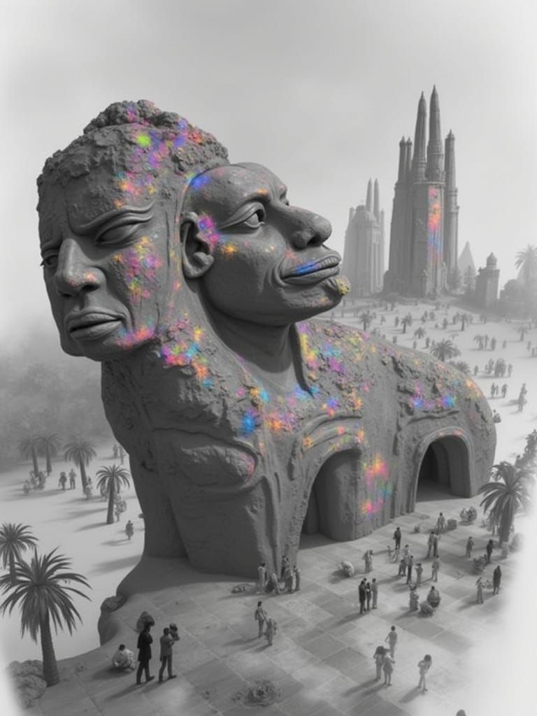 Surreal Egyptian Landscape with Neon Chessboard Floor in Dal...