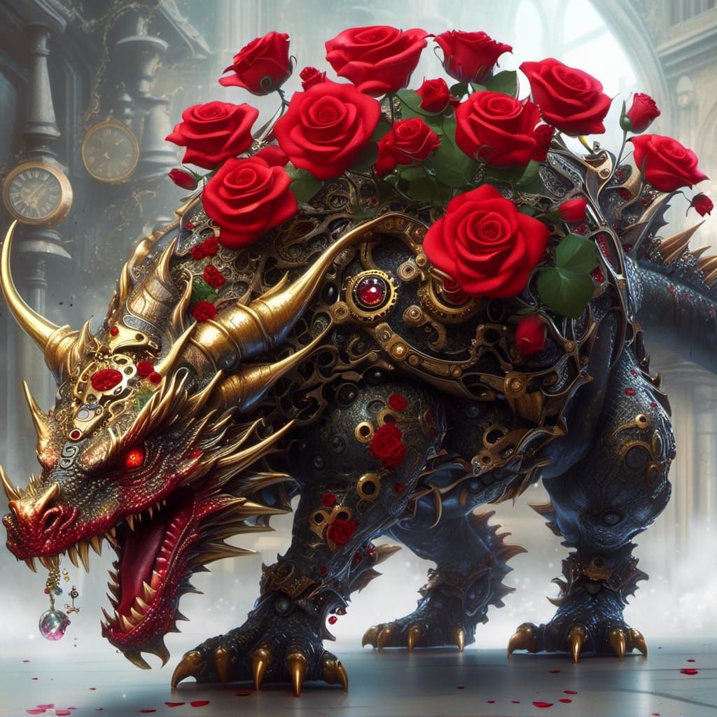Steampunk Dragon Carries Tiny Red Rose in Hyperrealistic Det...