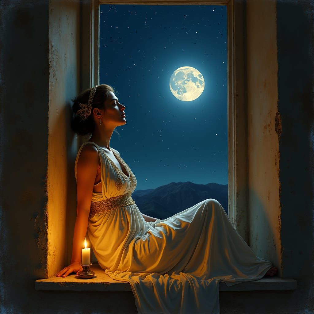 Serene Roman Woman Lost in Moonlit Contemplation