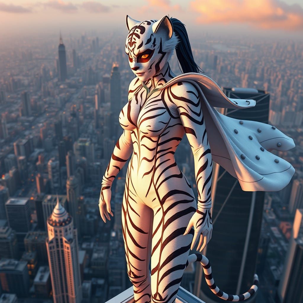 Heroic White Tiger Superhero Soars Above the City