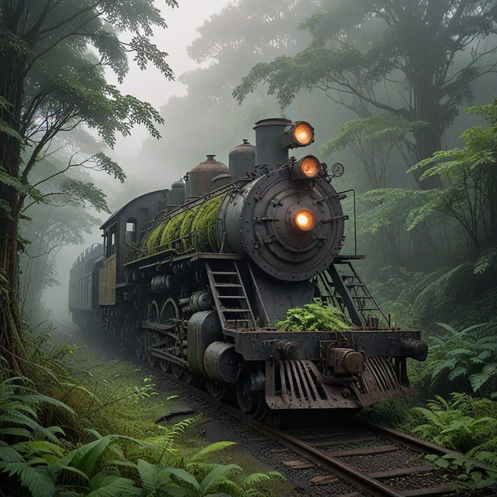 Overgrown Locomotive in Glowing Jungle Mist
