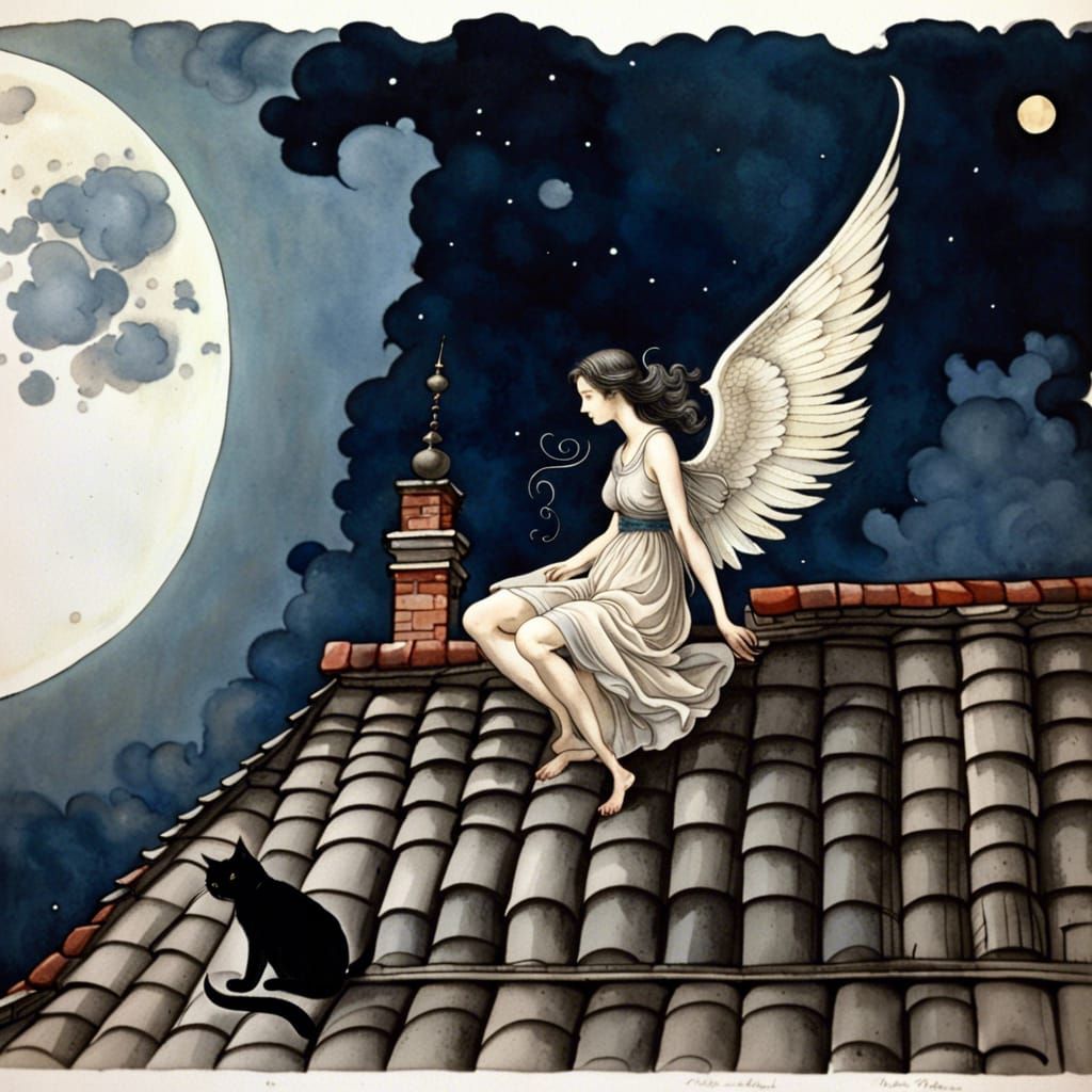 Angel and Feline: Midnight Rooftop Stroll in Watercolor