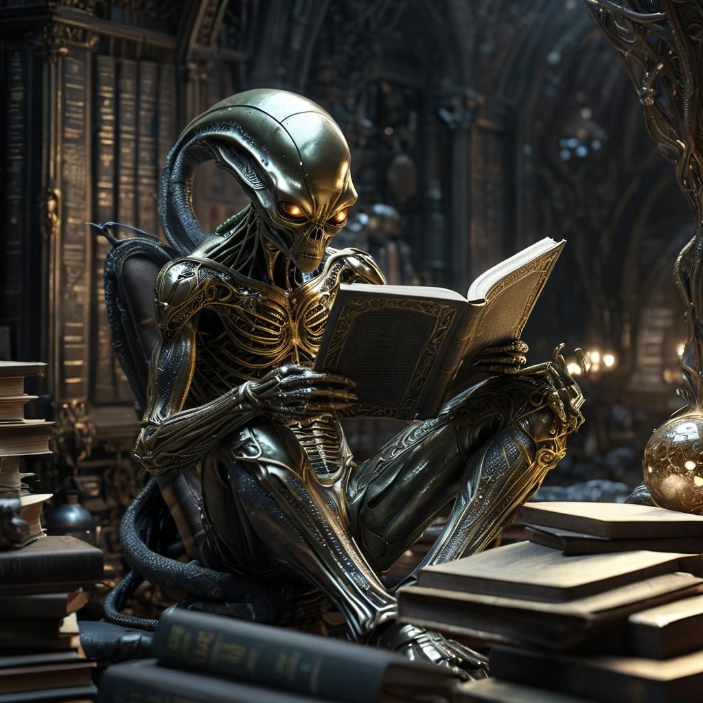 Surrealist Alien Reads to Children in Futuristic Study