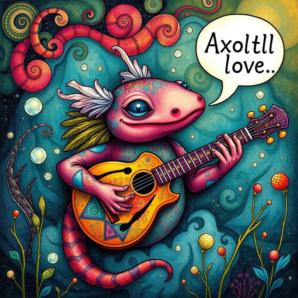 Axolotl Plays Vibrant Guitar in Whimsical Underwater Scene