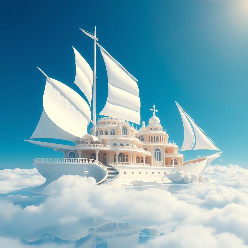 Ethereal Dreamship Mansion Suspended Above Ocean in Soft Blu...