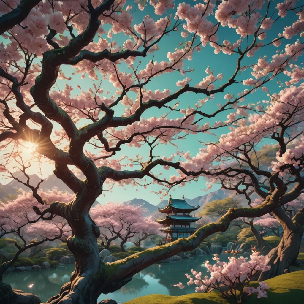 Fantasy Cherry Blossom Tree in Serene Japanese Garden at Sun...