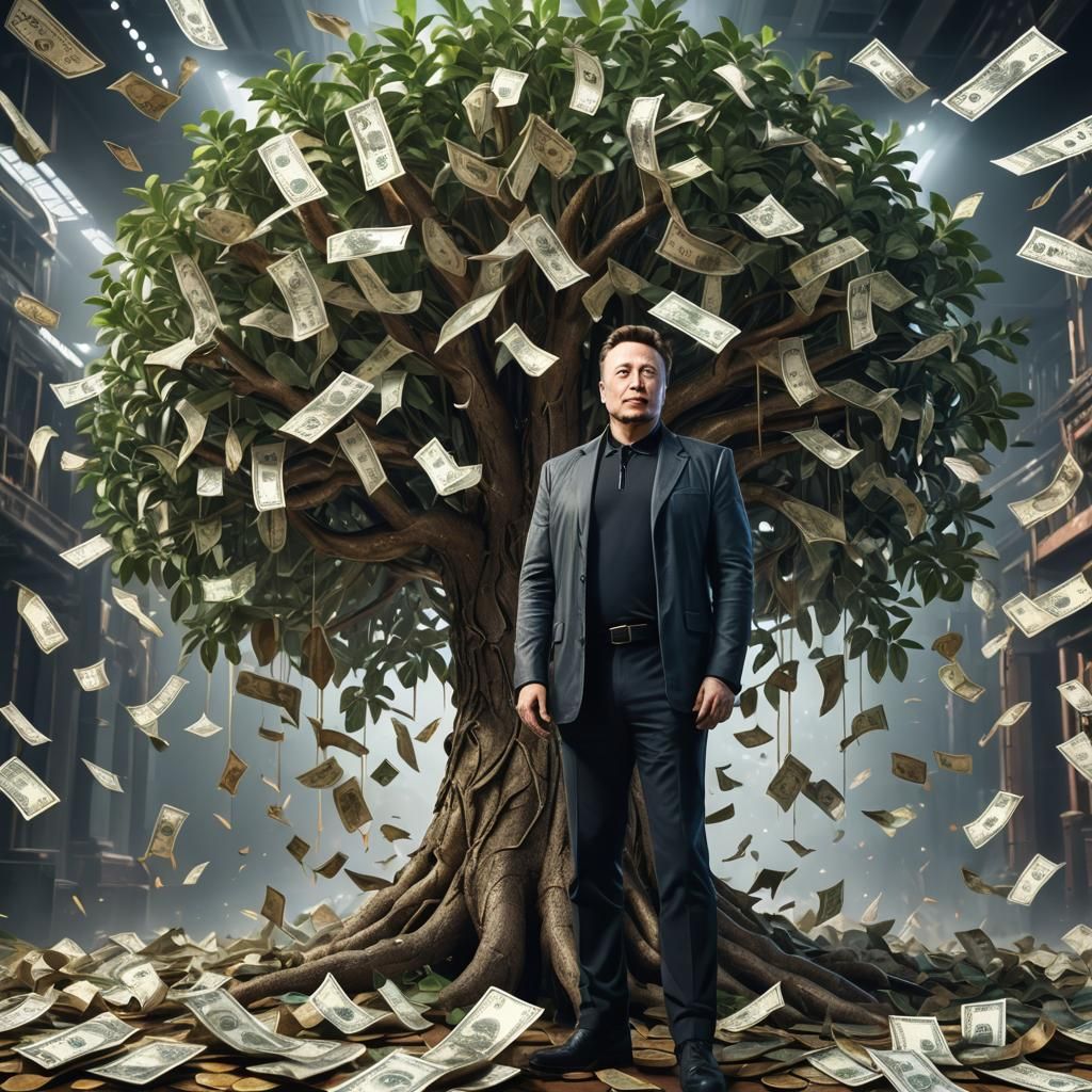 Ethereal Money Tree with Elon Musk, Detailed Fantasy Scene