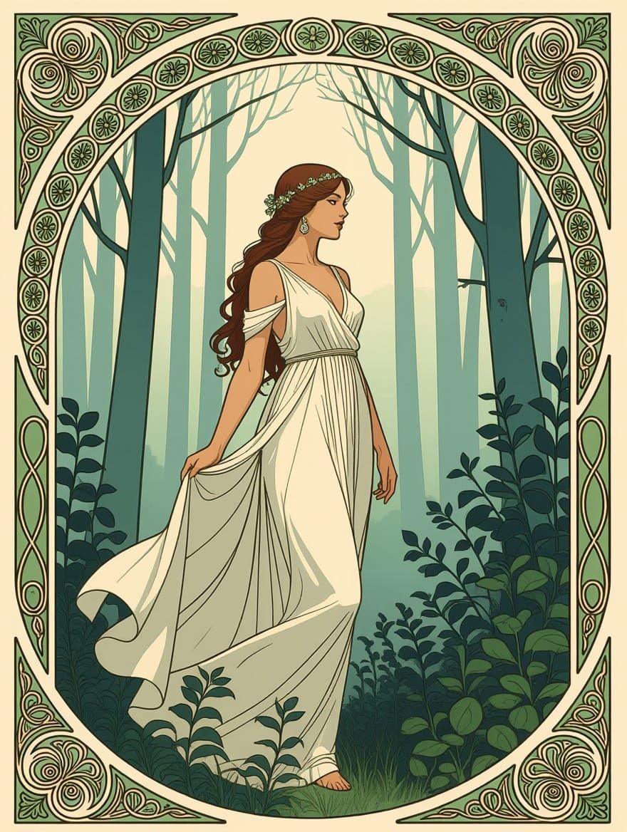 Woman in Misty Forest Art Nouveau Style